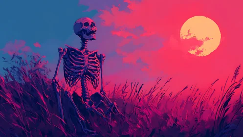 Skeleton under neon sunset sky in windswept grass field.