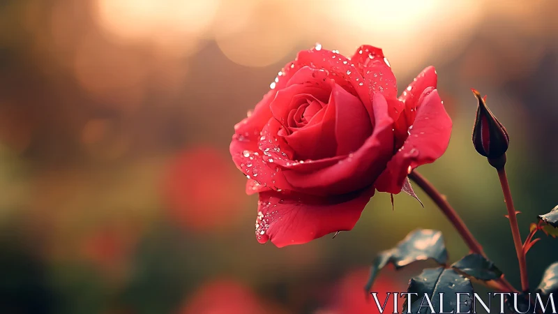 Dew kissed red rose in soft golden sunset bokeh glow.