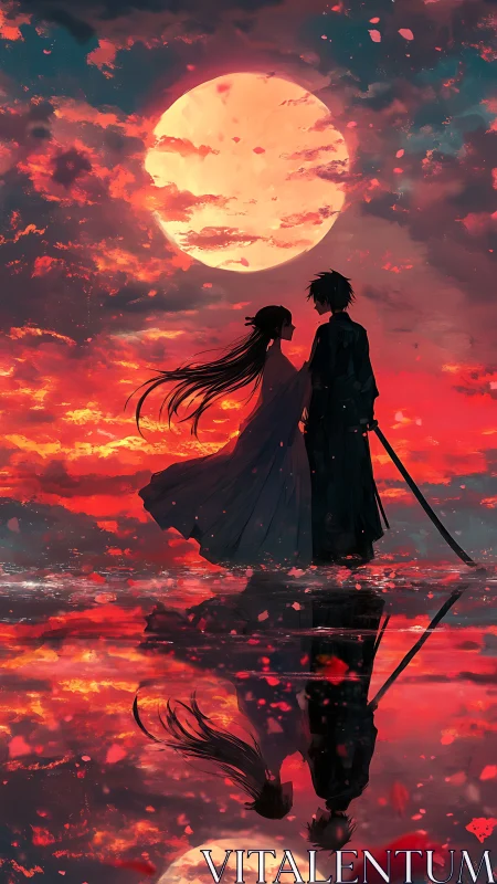 Samurai lovers stand beneath colossal crimson moon.