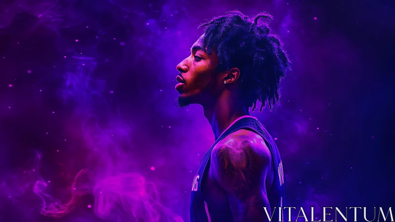 Neon-lit basketball profile immersed in cosmic purple haze.