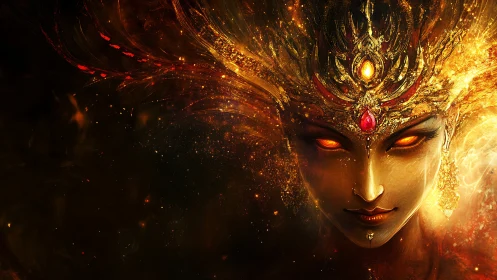 Fiery golden goddess portrait with glowing ember eyes.