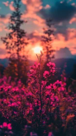 Backlit wildflowers in field under vivid sunset sky.