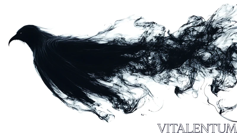 Ink raven dissolving into abstract smoke trails on white.