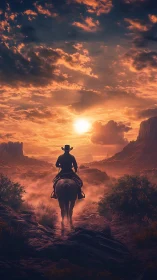 Lone cowboy rides through misty desert canyon at sunset