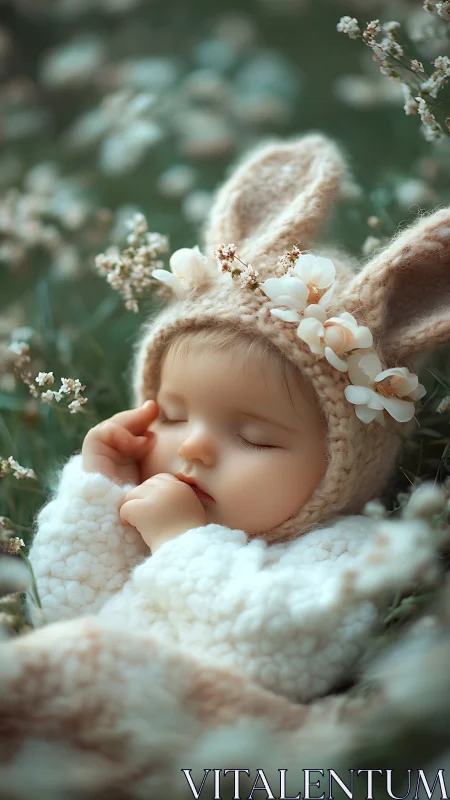 Sleeping infant in lamb fleece and floral bunny bonnet outdoors
