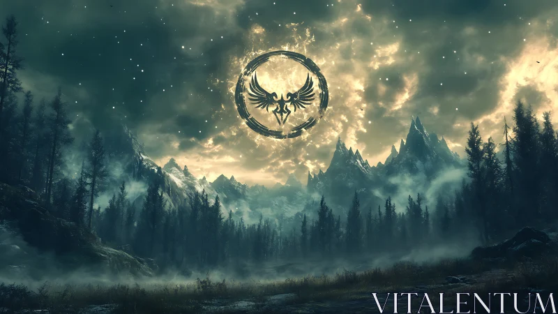 Mythic phoenix sigil over stormlit alpine wilderness.