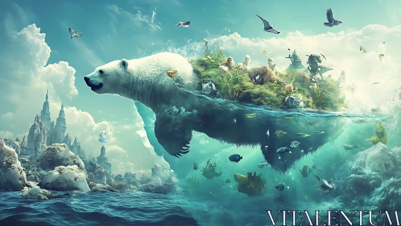 Surreal polar bear island carrying diverse wildlife afloat.