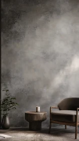 Minimalist lounge corner with chair, table and concrete wall.