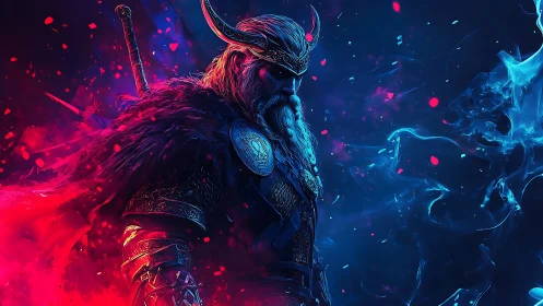 Bifröst-illuminated cyber-Viking warlord in chromatic armor.