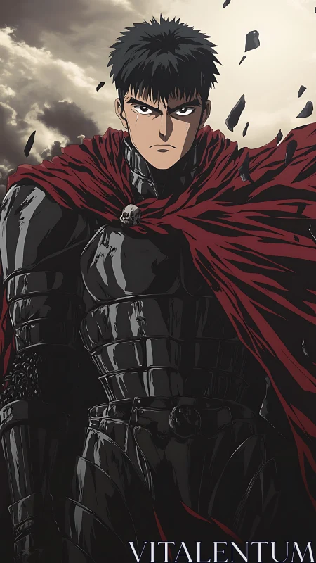 Armored male figure stands under overcast sky with debris