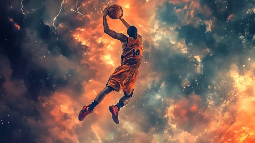 Basketball player midair dunk amid cosmic storm clouds
