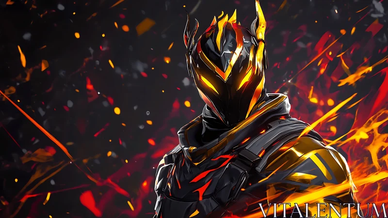 Armored fire warrior in glowing molten helmet and suit.
