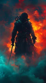 Solitary armed figure in dense flames and colored smoke.