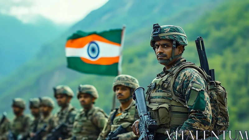 Indian soldiers in mountain terrain with flag in focus.
