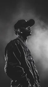 Moody stage portrait celebrates a rapper in dramatic light