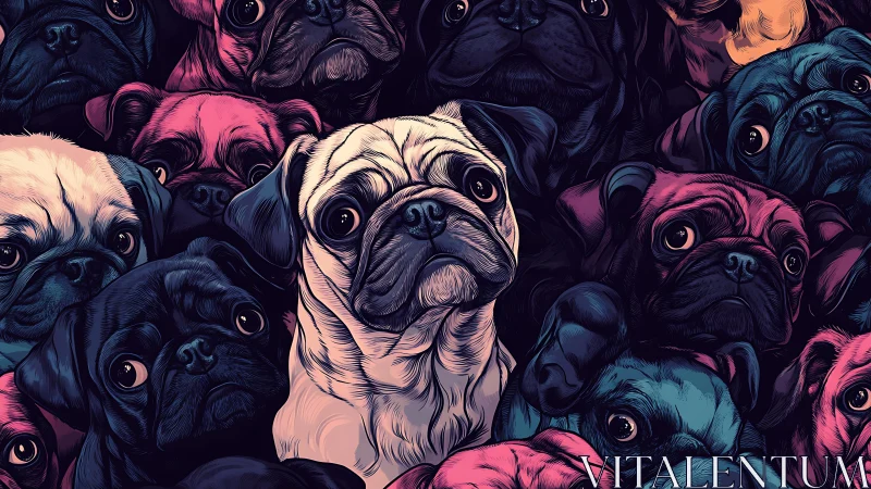 Neon-eyed pug parade in a crowded candy-colored cuddlestorm.