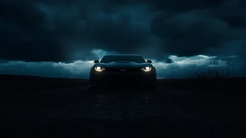 Sports car faces camera on dark rural road at dusk