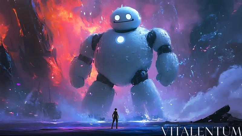 Colossal bubble-bot meets lone dreamer in neon stormscape.