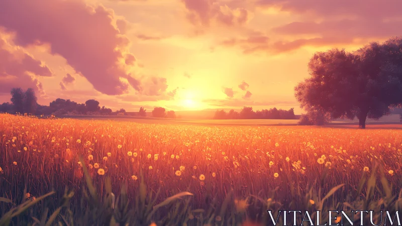 Sunlit wildflower field under glowing sunset sky.