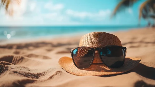 Sunlit straw hat and shades bask in dreamy tropical hush.