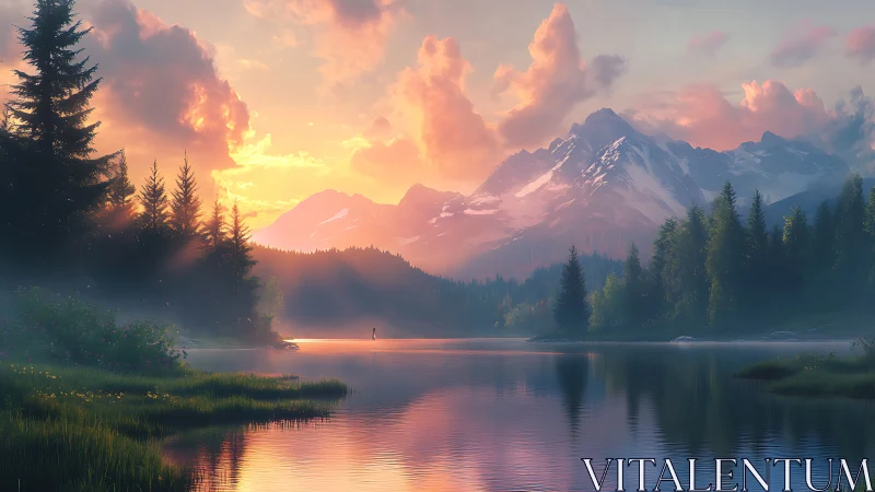 Sunlit alpine lake at sunrise with misted conifer forest