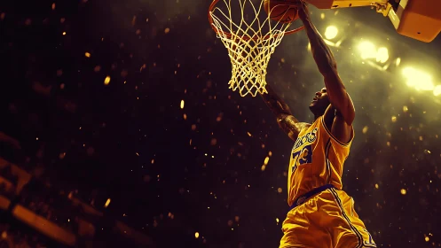 Soaring basketball dunk under blazing arena lights at night.
