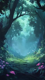 Mystical Forest Glade with Glowing Flowers and Ancient Trees