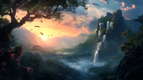 Digital painting of luminous valley waterfall at sunset.