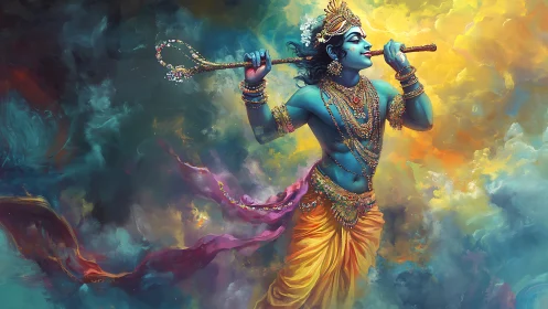 Celestial blue flutist ripples melodies through painted clouds