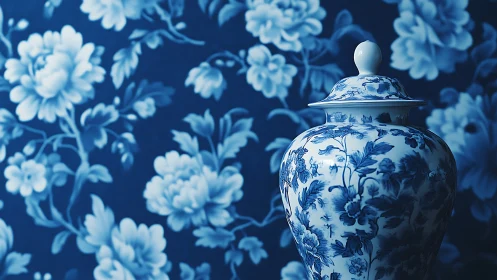 Blue porcelain vase against floral chinoiserie backdrop.