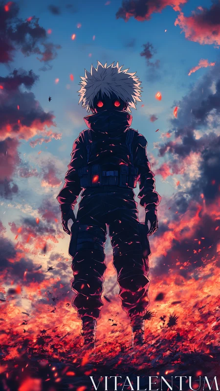 Masked anime fighter stands in burning embers at dusk.