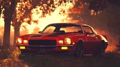 Classic red muscle car glows under cinematic sunset light.
