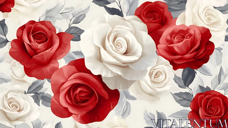 Red and Cream Roses Pattern with Foliage Illustration