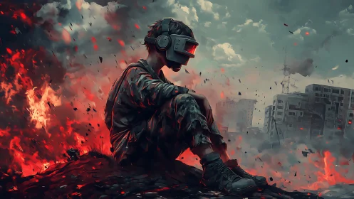 Solitary gamer resting amid a storm of digital chaos.