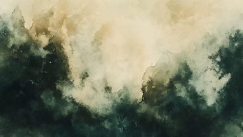 Abstract watercolor cloudscape in dark green and beige tones.