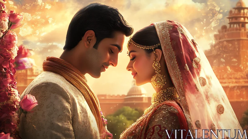 Romantic Indian wedding couple bathed in golden sunset light.
