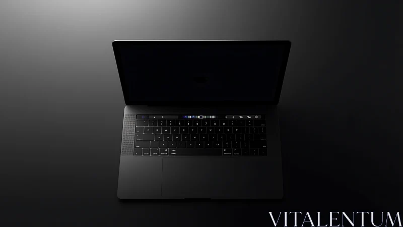 Sleek dark laptop rests in moody, minimal studio lighting.