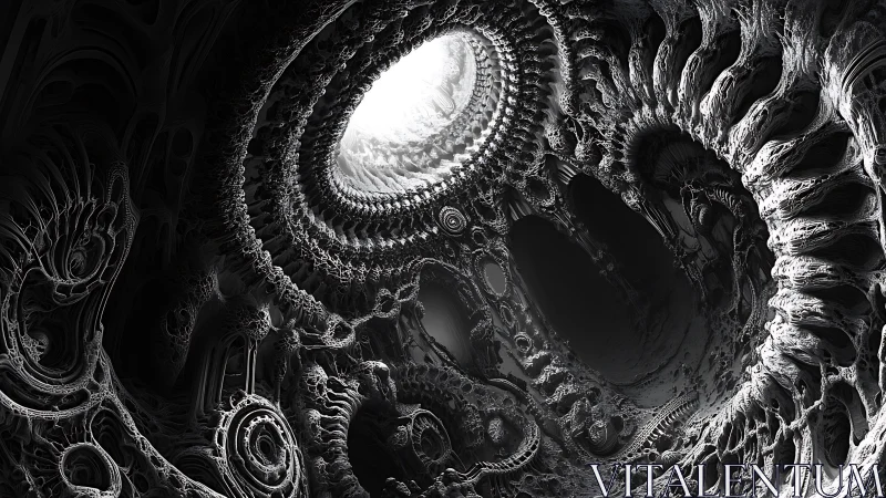 Fractal cavern spirals toward a luminous otherworldly void