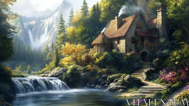 Stone river cottage under mountain waterfall in spring light.