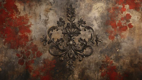 Ornate bronze flourish rests over distressed floral wall