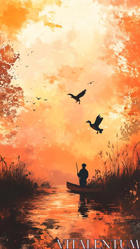 Fisherman drifts through blazing orange marsh at sunset.