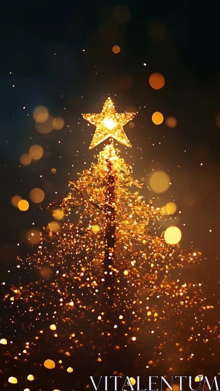 Glowing golden Christmas tree with bright star topper.