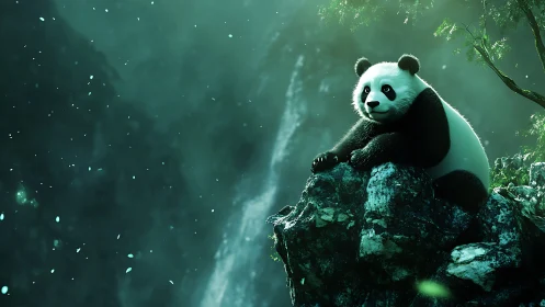 Playful panda relaxing on mossy cliff in misty forest.