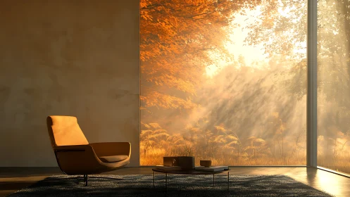 Minimal lounge chair facing bright autumn forest window.