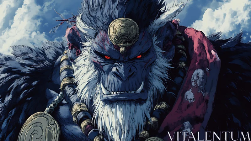 Warrior ape demigod glares beneath storm-bright skies