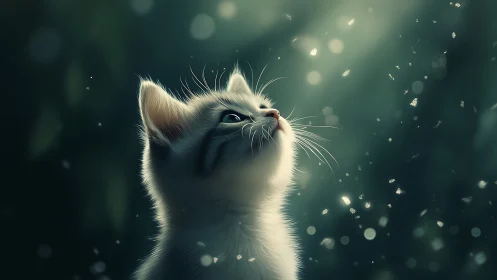 White Cat Gazing Upward Among Luminous Particles