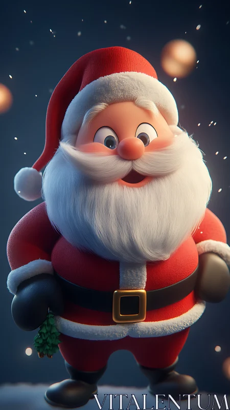 Round-cheeked Santa beams softly beneath drifting snowglow