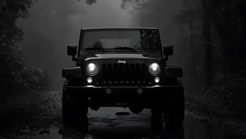 Off-road Jeep front view in low-key, high-contrast foggy forest
