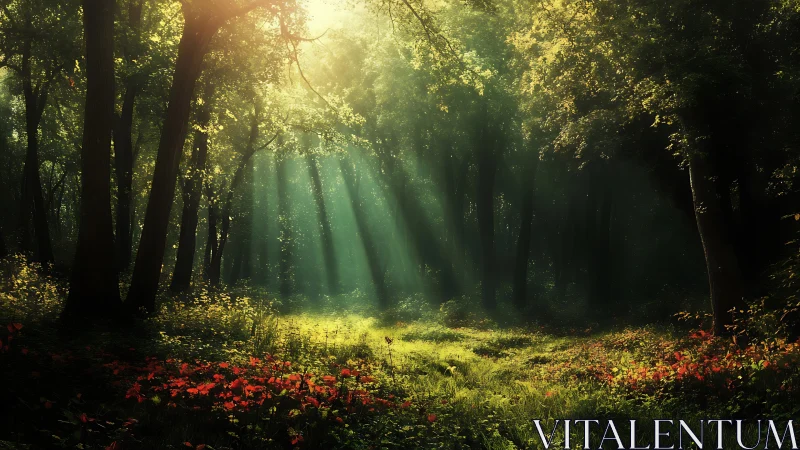 Sunbeams Filtering Through Lush Forest in Dreamlike Style.