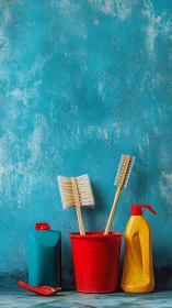 Cleaning brushes, bucket and bottles on blue wall background.